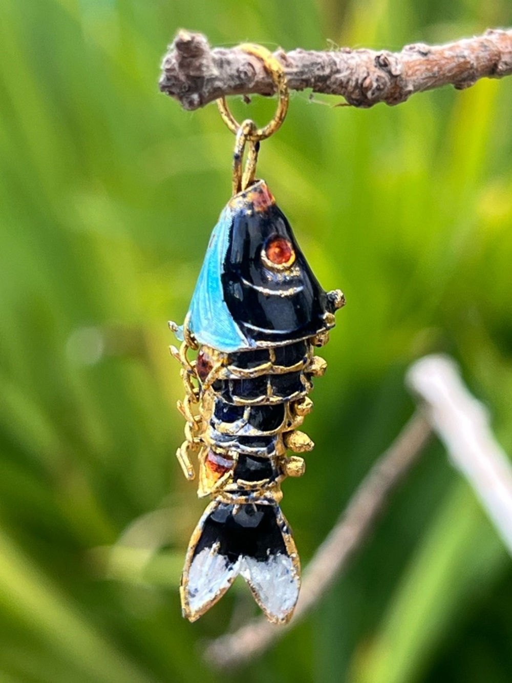 Vintage Cloisonné Articulated Fish Pendant Enamel Brass 1.5”